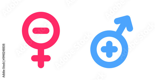 Conceptual image representing gender symbols, with the male symbol featuring a plus sign and the female symbol a minus sign, against a transparent background.