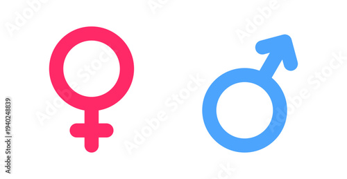 Pink female symbol and blue male symbol side by side, representing gender, relationships, love, and equality. Isolated on white background.