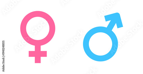 Iconic symbols representing female and male genders, displayed in distinct pink and blue colors against a clean white backdrop. Ideal for concepts of gender, identity, and relationships.