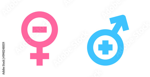 A pink female gender symbol with a minus sign and a blue male gender symbol with a plus sign, representing gender differences or concepts.