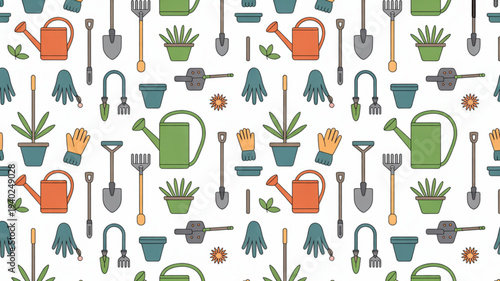 Gardening tools and plants seamless pattern with watering cans gloves and flower pots on white background for hobby and leisure activities