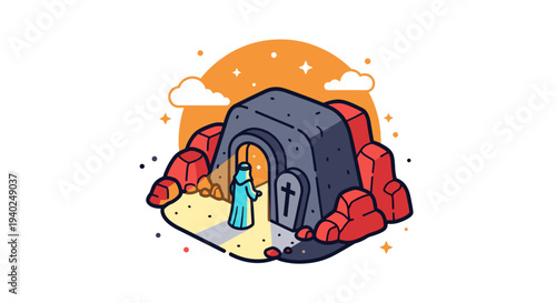 A tomb entrance with a stone structure and a figure in blue, illustrated in colorful flat vector style, ideal for spiritual or historical themes