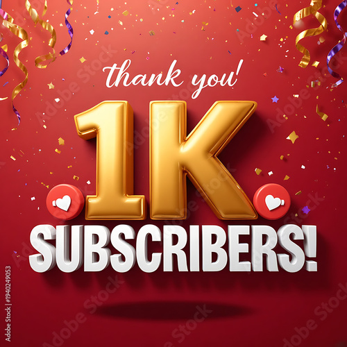 A 3D golden 1k celebration with subscribers text, confetti, and social media hearts on red background.