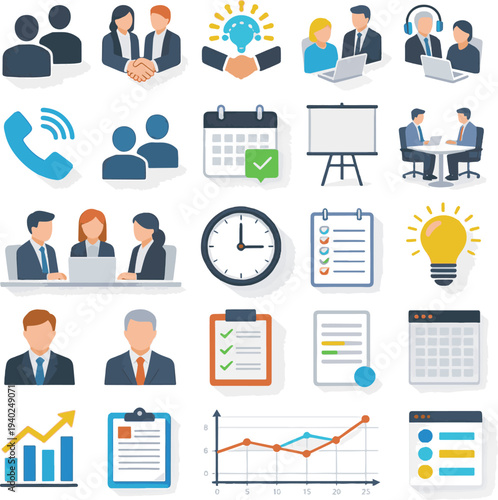 Create a realistic set of 25 editable corporate office icons, including teamwork, meetings, time management, and productivity. Ideal for business presentations, websites, vector art.