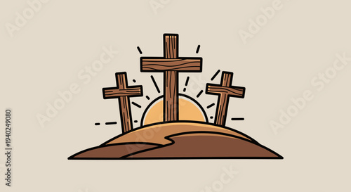 A set of three wooden crosses on a hill with a rising sun in minimalist vector style, perfect for religious and spiritual themes