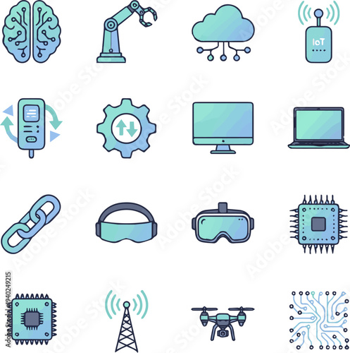 Create a realistic Technology icon set. Features AI, robotics, cloud, IoT, automation, computing, blockchain, virtual tech, CPU, 5G, drone, circuit, and more in flat minimal style vector art.