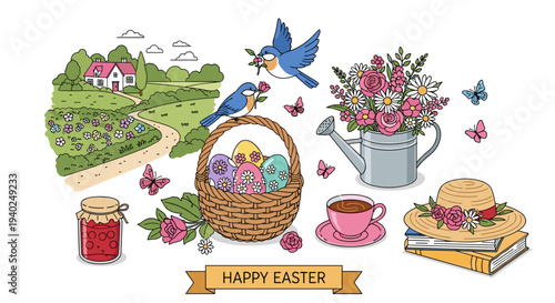 A cheerful Easter scene featuring a basket of colorful eggs, flowers, a bird, and a countryside path in vibrant vector style, ideal for holiday greetings and decorations