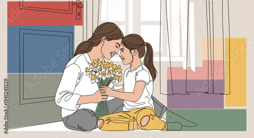 A mother and daughter sharing a moment with a bouquet of flowers in minimalist vector style, perfect for family-themed artwork and illustrations
