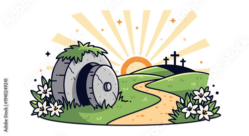 A scenic landscape featuring a gravestone and crosses with a sunset in a colorful cartoon vector style, ideal for remembrance themes