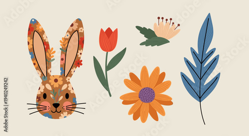A colorful floral rabbit illustration with assorted flowers and leaves in a whimsical vector style, perfect for spring-themed designs