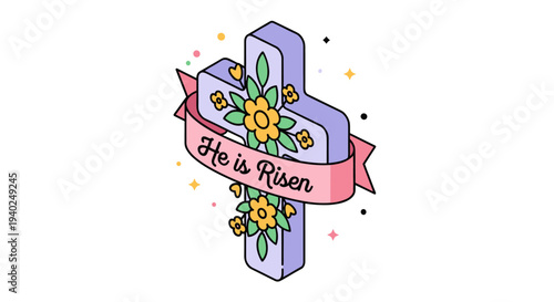 A colorful cross adorned with flowers and the text 'He is Risen' in modern cartoonish vector style, perfect for Easter celebrations and religious designs