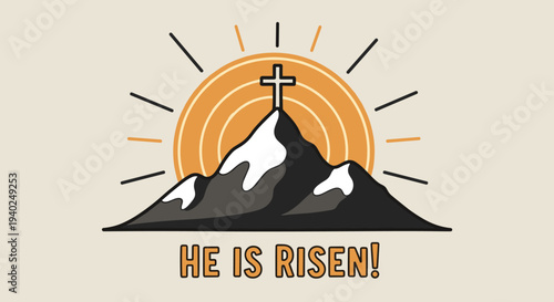 A mountain silhouette with a cross and rays of sunshine in a modern vector style, perfect for Easter celebrations and religious themes