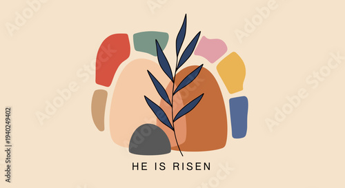 A colorful abstract illustration featuring a stylized leaf and the text 'He is risen' in modern vector style, suitable for Easter-themed designs