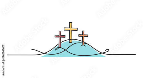 A minimalist outline illustration of three crosses on a hill with a blue wave in a modern vector style, suitable for religious themes and graphics