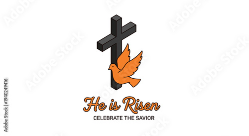 A dove ascending alongside a cross in modern minimalist vector style, perfect for Easter celebrations and religious themes