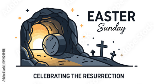 A vector illustration of an Easter Sunday scene featuring an empty tomb with a sunrise, crosses in the background, and the text celebrating the resurrection