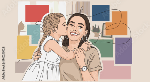A mother embracing her daughter with a joyful expression in a colorful minimalist vector style, perfect for family-themed projects