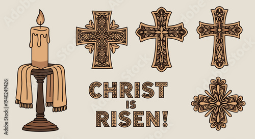 A collection of religious symbols including a candle and decorative crosses in a warm color palette, ideal for Easter celebrations and Christian-themed designs