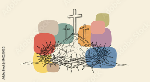 A minimalist outline illustration of a crown of thorns and crosses with colorful abstract shapes in the background, suitable for religious themes and spiritual designs