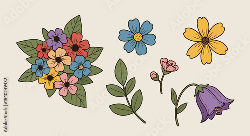 A collection of colorful flowers and leaves in a modern vector style, suitable for floral designs and decorative projects