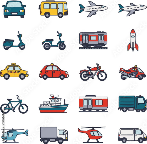 Create a realistic Transport icon set. A collection of editable, flat icons featuring car, bus, airplane, train, scooter, rocket, boat, taxi, vehicle, and more for transportation. vector art .