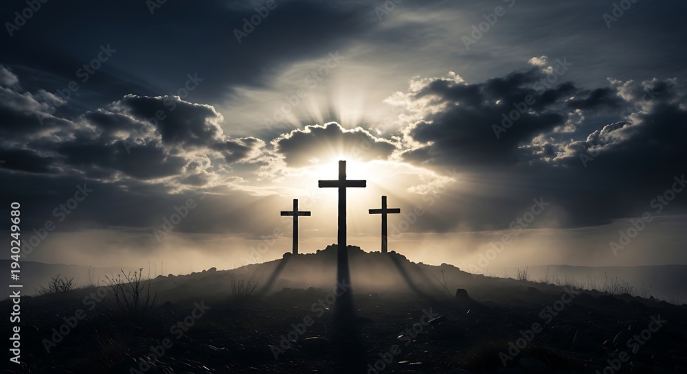 Obraz premium Three crosses stand silhouetted on a hill against a dramatic cloudy sky with rays of light shining through