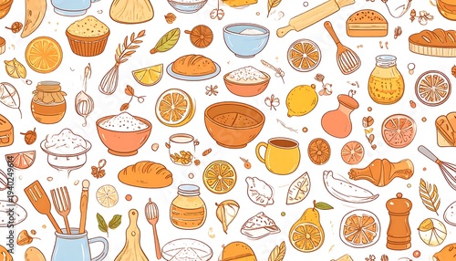 Whimsical Baking Ingredients Pattern - A Culinary Delight.