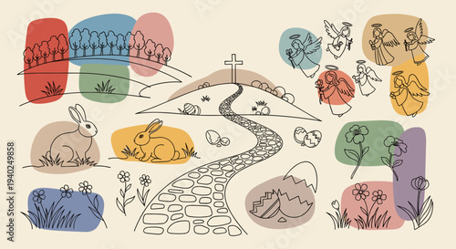 A whimsical illustration of a pathway with rabbits, flowers, and angels in colorful minimalist vector style, suitable for Easter themes and religious designs