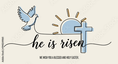 A dove and cross with a sunrise in minimalist vector style, featuring the text 'He is risen', perfect for Easter greetings and celebrations