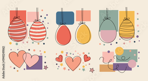 A collection of decorative Easter eggs and hearts in a colorful minimalist vector style, perfect for spring holiday designs