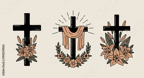 A collection of three crosses adorned with flowers in modern vector style, perfect for religious and spiritual designs