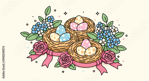 A collection of three Easter egg baskets adorned with flowers and ribbons in a colorful flat vector style, ideal for spring holiday designs