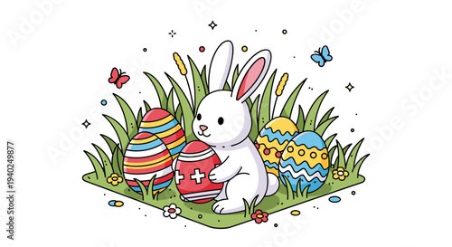 A cute bunny holding a decorated Easter egg surrounded by colorful eggs and grass in a playful cartoon vector style, perfect for spring holiday designs