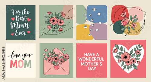 A collection of Mother's Day greeting cards featuring floral designs and heartfelt messages in colorful modern vector style, perfect for celebrating moms