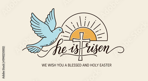 A dove carrying an olive branch with a cross and sun in minimalist vector style, ideal for Easter greeting cards