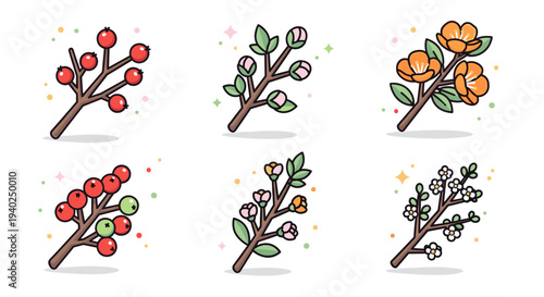 A collection of colorful floral and fruit branches in cartoon style, featuring various blooming flowers and berries, ideal for nature-themed designs