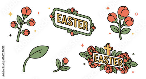 A collection of Easter-themed floral elements and symbols in colorful modern vector style, perfect for seasonal greetings and decorations