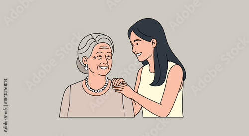 A young woman smiling and talking to her grandmother in a modern minimalist vector illustration, suitable for family-related themes and campaigns