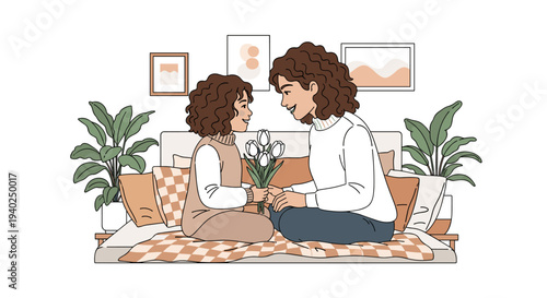 A mother and daughter sitting together on a cozy sofa, sharing a moment with flowers in a minimalist vector style, ideal for family-themed illustrations.