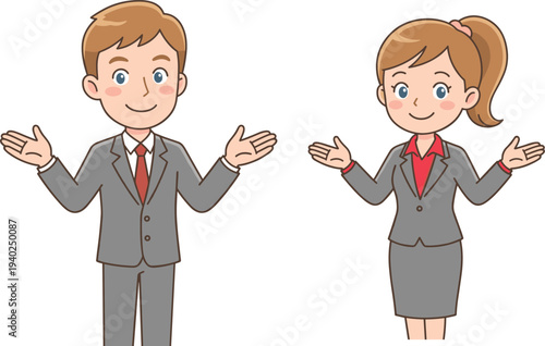 Business man and woman presenting with open hands, friendly office workers showing explanation gesture, corporate presentation, communication concept illustration