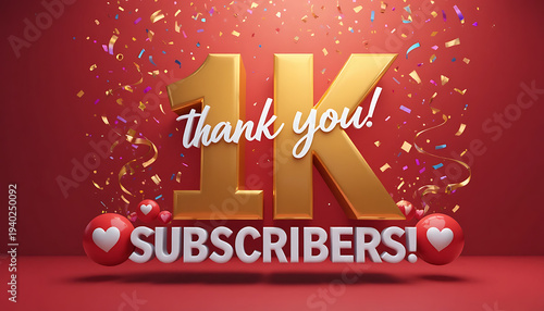 Celebrating a major 1,000 subscriber milestone with golden 3D text, confetti, and social media hearts.
