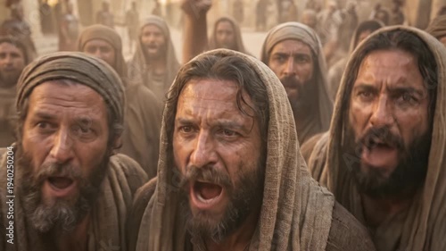 Angry biblical crowd of Jewish men shouting and demanding release of Barabbas during trial of Jesus Christ depicting mob justice and historic betrayal in Jerusalem
