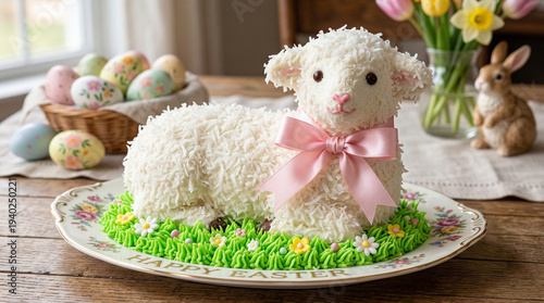 Easter lamb cake decorated with coconut and pink ribbon on table  