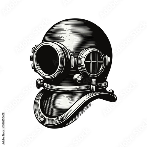 Vintage Deep Sea Diving Helmet Woodcut Engraving Style Illustration