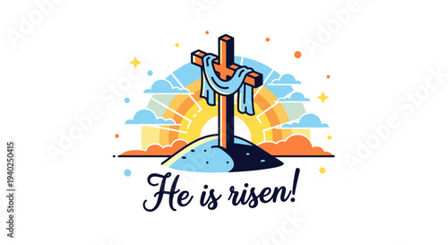A cross with a dove and sunrise graphic in colorful modern vector style, featuring the text 'He is risen!', perfect for Easter celebrations and religious events.