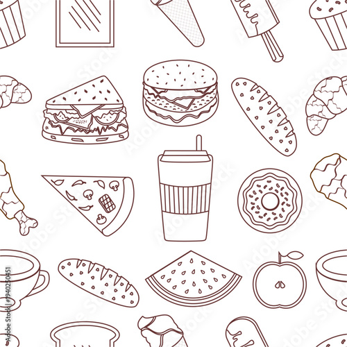 Fresh bakery doodle pattern. Seamless fast foods pattern background. Fast foods with fruits doodle pattern background. Coffee drink with fast foods and fruits doodle pattern design.