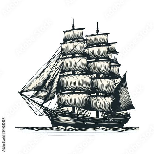 Vintage Sailing Ship Engraving: Classic Tall Ship Illustration with Full Sails and Detailed Rigging on Ocean Waves, Maritime History Graphic