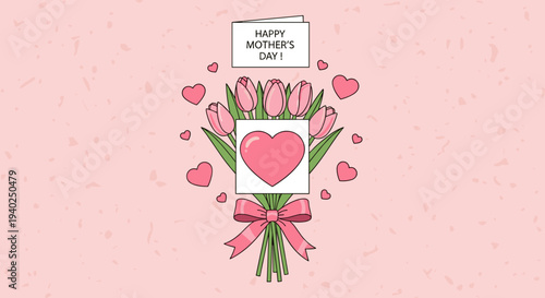 A bouquet of tulips with hearts and a greeting card saying Happy Mother's Day in flat vector style, perfect for greeting cards and gifts