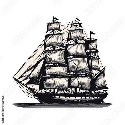 Classic Sailing Ship Illustration, Vintage Frigate with Full Sails in a Detailed Woodcut Style