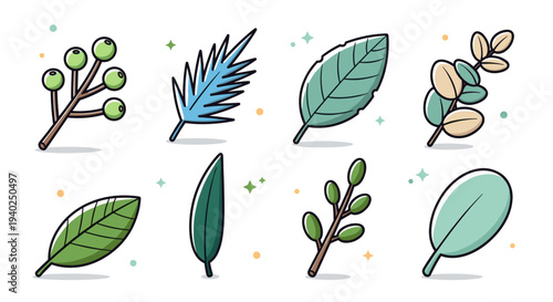 A collection of various leaf illustrations in colorful flat vector style, suitable for nature-themed designs and branding